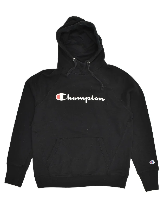 CHAMPION Womens Graphic Hoodie Jumper UK 14 Medium Black Cotton Hoodie with Logo Branding Identity