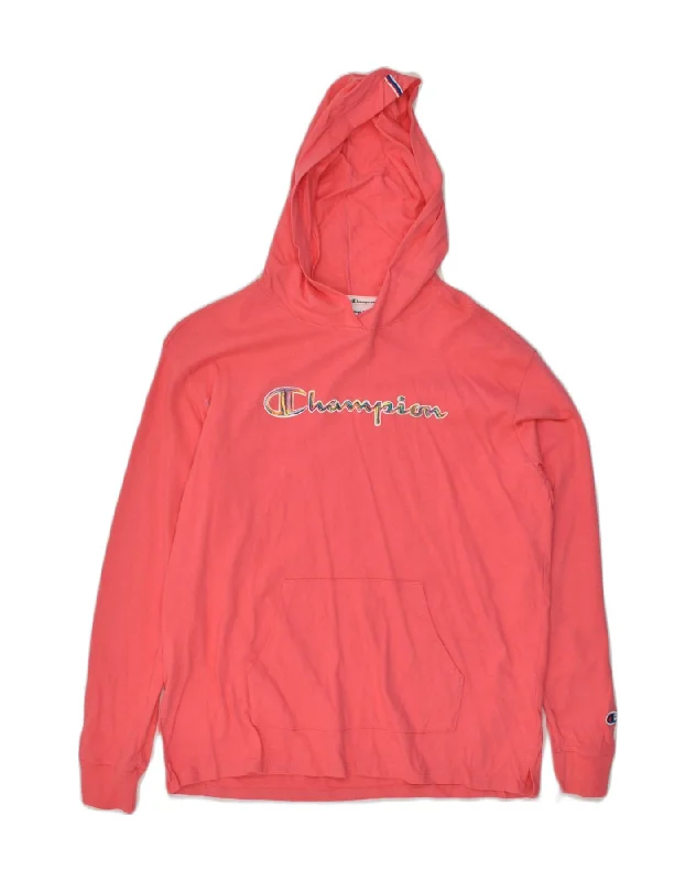 CHAMPION Womens Graphic Hoodie Jumper UK 14 Medium Pink Cotton Hoodie with Exposed Zipper Edgy Industrial