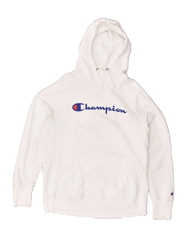 CHAMPION Womens Graphic Hoodie Jumper UK 16 Large White Cotton Hoodie with Hem Applique Textured Unique