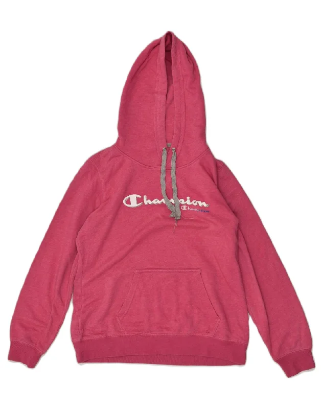 CHAMPION Womens Graphic Hoodie Jumper UK 18 XL Pink Hoodie with Stripes Bold Sporty