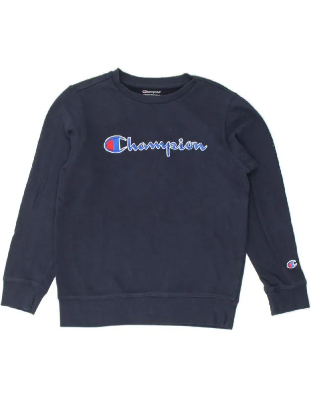 CHAMPION Womens Graphic Sweatshirt Jumper UK 14 Medium Navy Blue Cotton Hoodie with Turtle Neck Cozy Winter