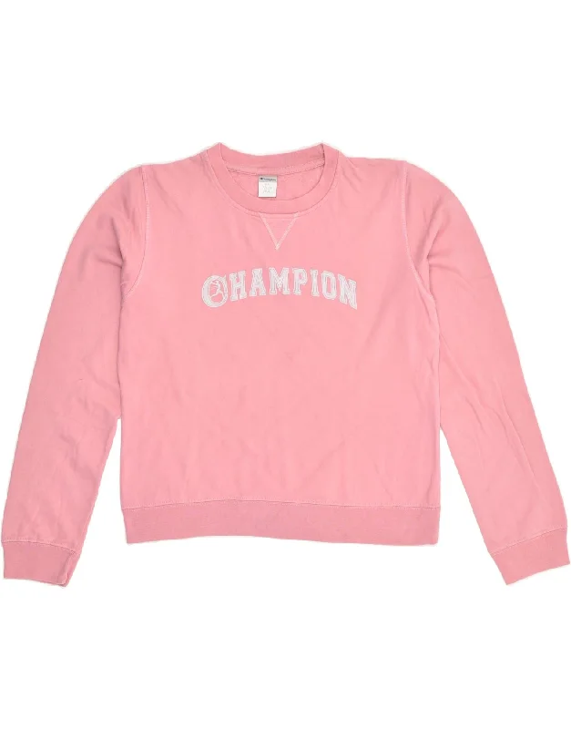 CHAMPION Womens Graphic Sweatshirt Jumper UK 14 Medium Pink Cotton Hoodie with Batwing Sleeves Loose Dramatic