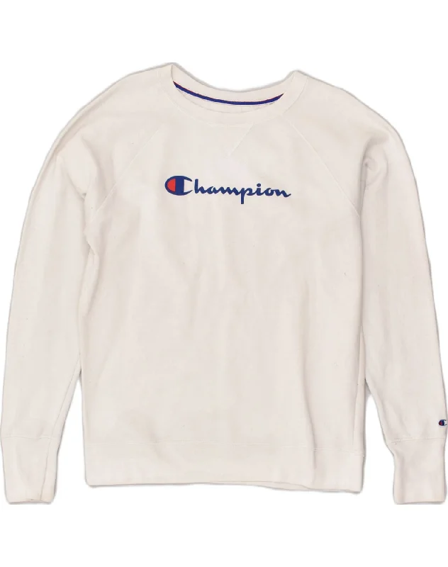 CHAMPION Womens Graphic Sweatshirt Jumper UK 16 Large White Polyester Hoodie with Ribbed Neckline Snug Warm