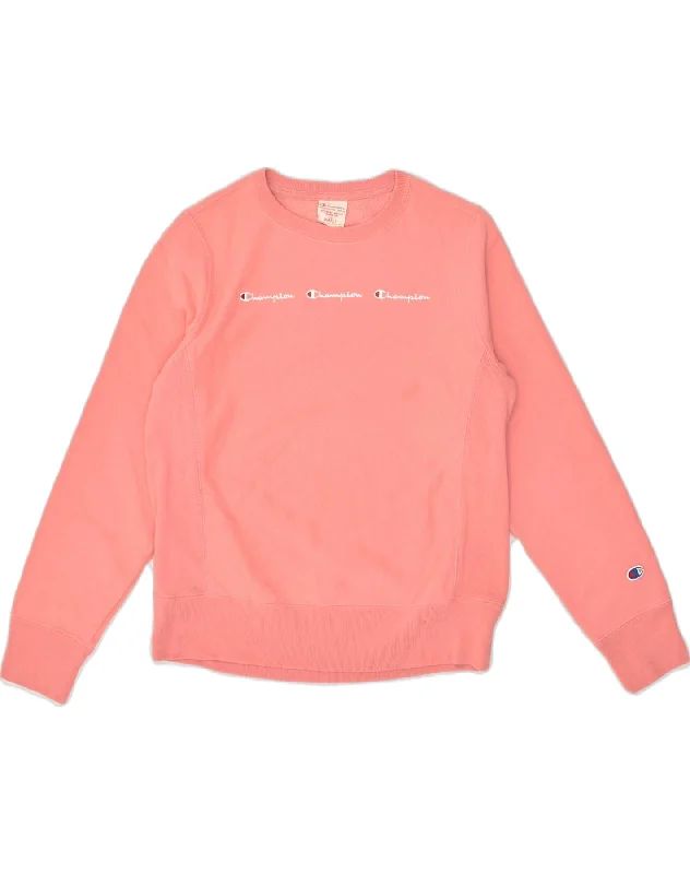 CHAMPION Womens Graphic Sweatshirt Jumper UK 8 Small Pink Cotton Hoodie with Typography Text Message