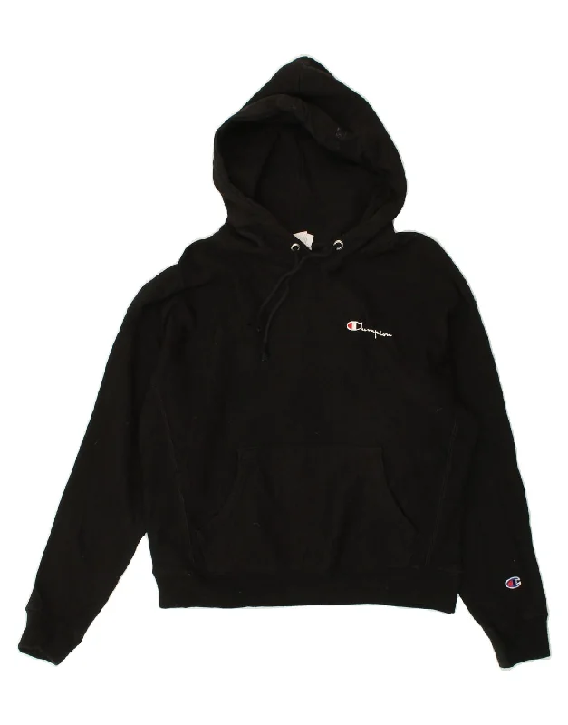 CHAMPION Womens Hoodie Jumper UK 16 Large Black Hoodie with Contrast Stitching Detailed Premium