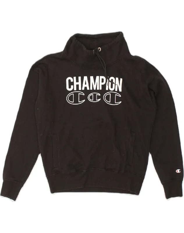 CHAMPION Womens Oversized Graphic Sweatshirt Jumper UK 10 Small Black Hoodie with Patch Decorative Personalized