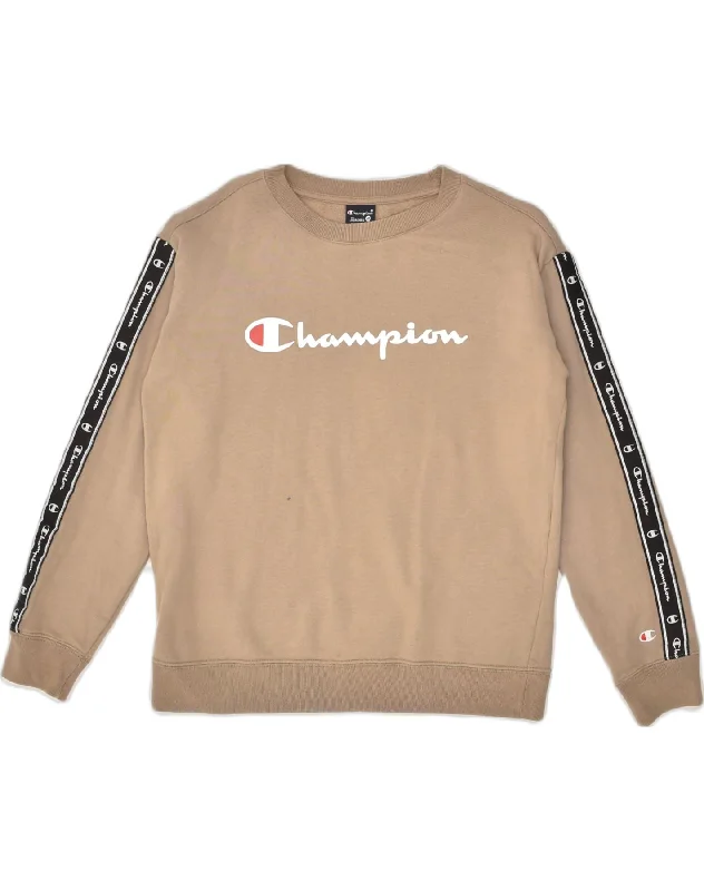 CHAMPION Womens Oversized Graphic Sweatshirt Jumper XS Brown Cotton Hoodie with Snap Buttons Easy Quick