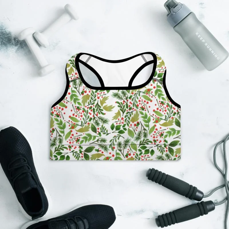 Christmas Floral Sports Bra, Winter Women's Padded Workout Gym Bra- Made in USA/ EU Stylish Strapless Bra