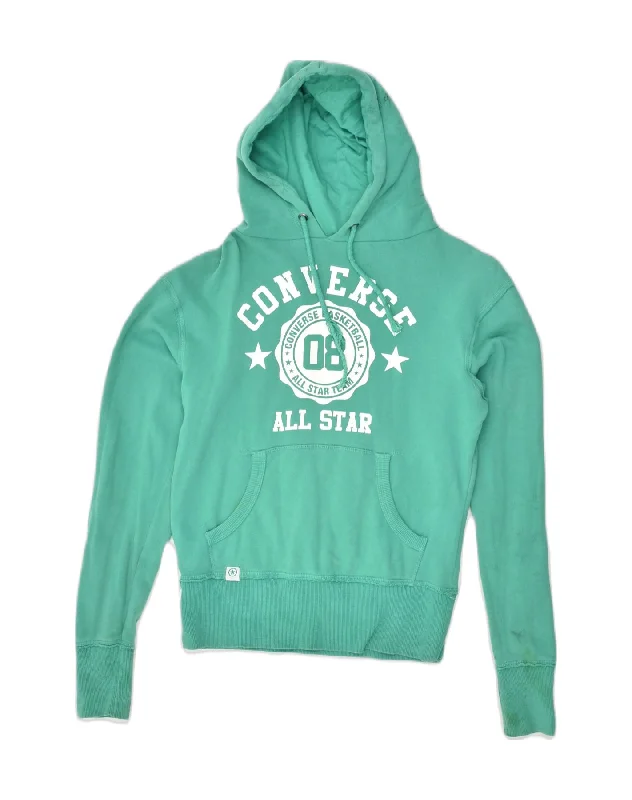 CONVERSE Womens Graphic Hoodie Jumper UK 6 XS Green Cotton Hoodie with Frayed Bohemian Relaxed