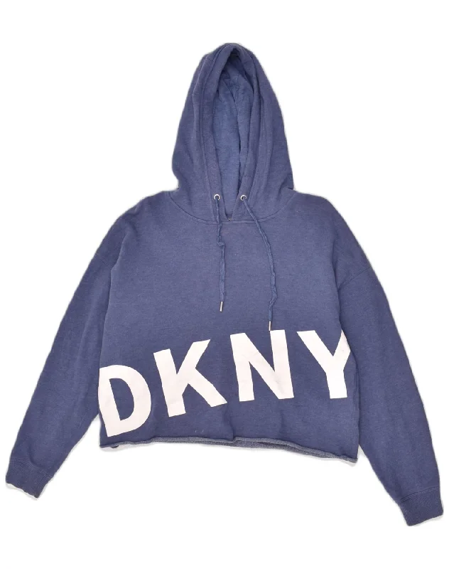 DKNY Womens Crop Graphic Hoodie Jumper UK 8 Small Blue Cotton Hoodie with Hem Drawcord Adjustable Customizable