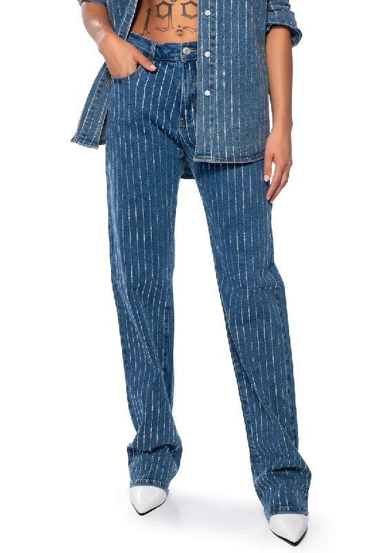 EFFORTLESS GLAM RHINESTONE STRIPE WIDE LEG JEAN Trendy Paperbag Waist Jeans