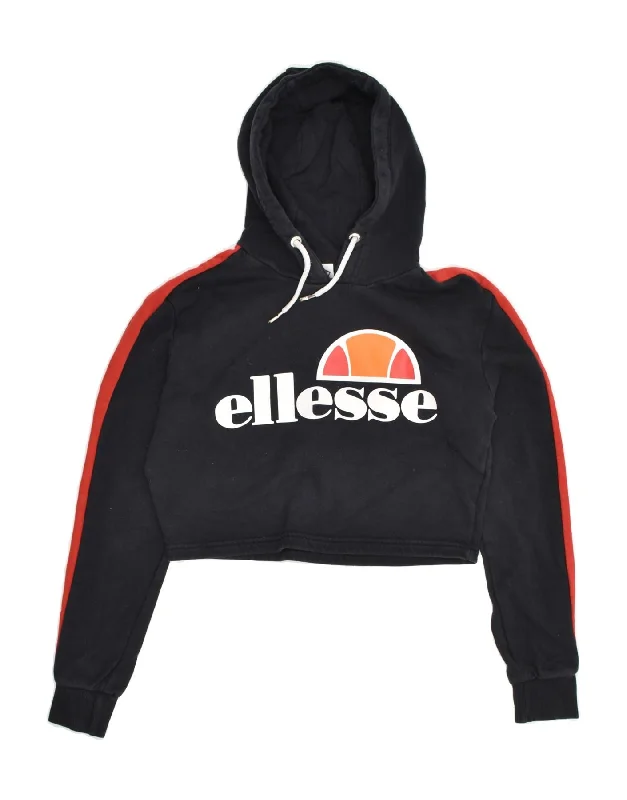 ELLESSE Womens Crop Graphic Hoodie Jumper UK 8 Small Black Cotton Hoodie with Patch Decorative Personalized