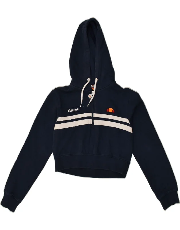 ELLESSE Womens Crop Hoodie Jumper UK 8 Small Navy Blue Cotton Hoodie with Hem Detail Decorative Unique