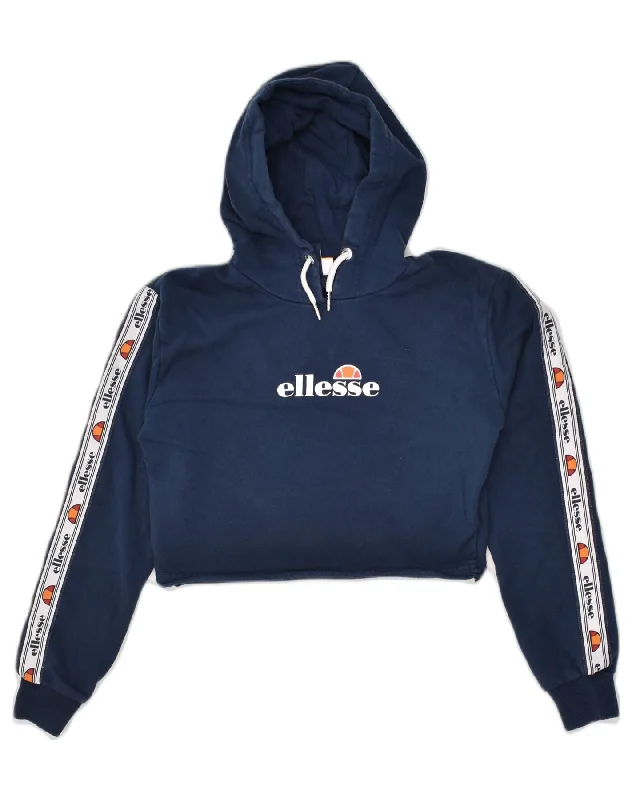 ELLESSE Womens Graphic Crop Hoodie Jumper UK 6 XS Navy Blue Cotton Hoodie with Monochrome Minimalist Simple