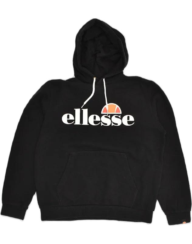 ELLESSE Womens Graphic Hoodie Jumper UK 14 Large  Black Cotton Hoodie with Typography Text Message