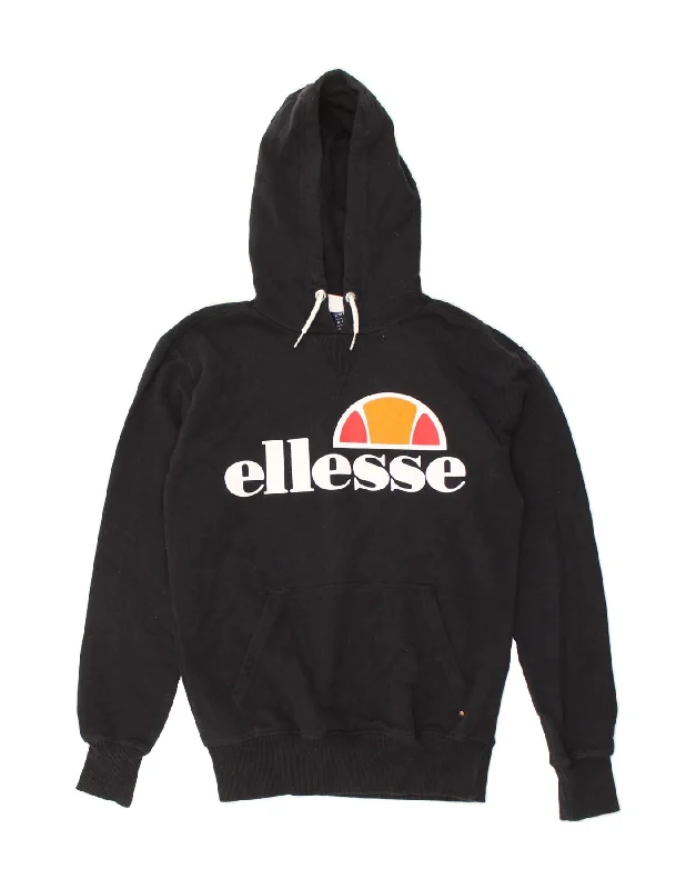 ELLESSE Womens Graphic Hoodie Jumper UK 6 XS  Navy Blue Cotton Hoodie with High-Low Hem Asymmetrical Trendy