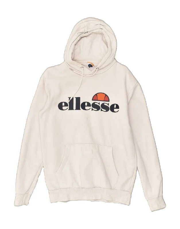 ELLESSE Womens Loose Fit Graphic Hoodie Jumper UK 10 Small Off White Hoodie with Back Slit Movement Comfort