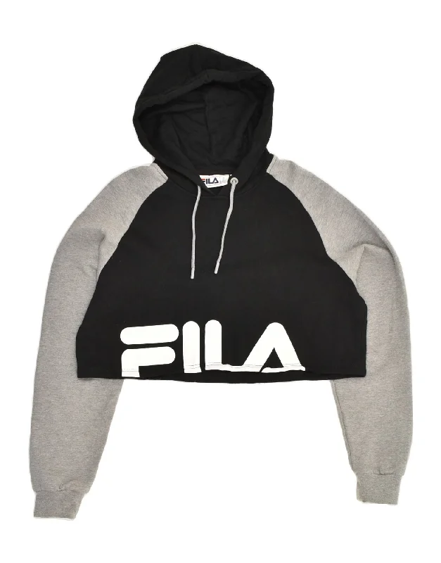 FILA Womens Crop Graphic Hoodie Jumper IT 50 XL Black Colourblock Cotton Hoodie with Half-Zip Sporty Casual