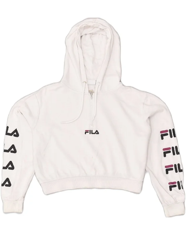 FILA Womens Crop Graphic Hoodie Jumper UK 12 Medium White Cotton Hoodie with Zipper Versatile Modern