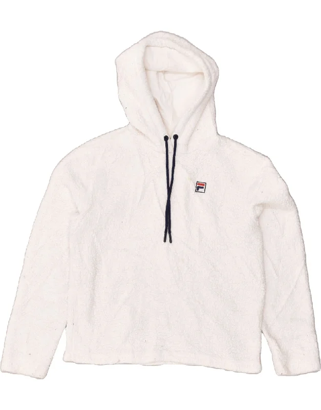 FILA Womens Fleece Hoodie Jumper UK 10 Small White Polyester Hoodie with Hem Lace Feminine Delicate