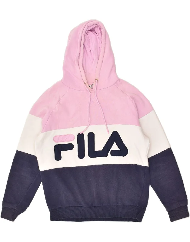 FILA Womens Graphic Hoodie Jumper UK 10 Small Pink Colourblock Cotton Hoodie with Magnetic Closure Innovative Modern