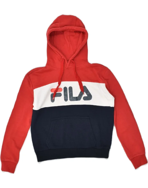 FILA Womens Graphic Hoodie Jumper UK 6 XS Red Colourblock Cotton Hoodie with Hem Ribbing Snug Secure