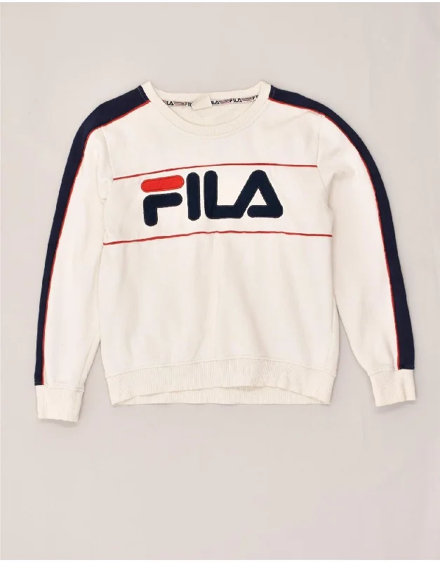 FILA Womens Graphic Sweatshirt Jumper UK 12 Medium  White Cotton Hoodie with Button Placket Classic Preppy