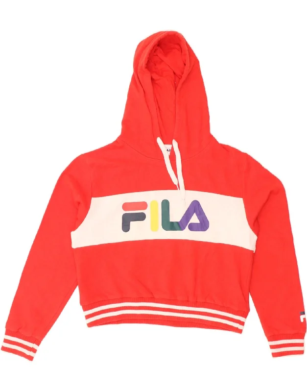 FILA Womens Oversized Crop Hoodie Jumper UK 10 Small Red Colourblock Hoodie with Zipper Placket Modern Functional