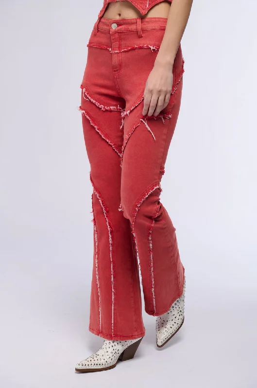 FLAMIN HOT DISTRESSED FLARE JEAN Fashionable Raw Edge Jeans
