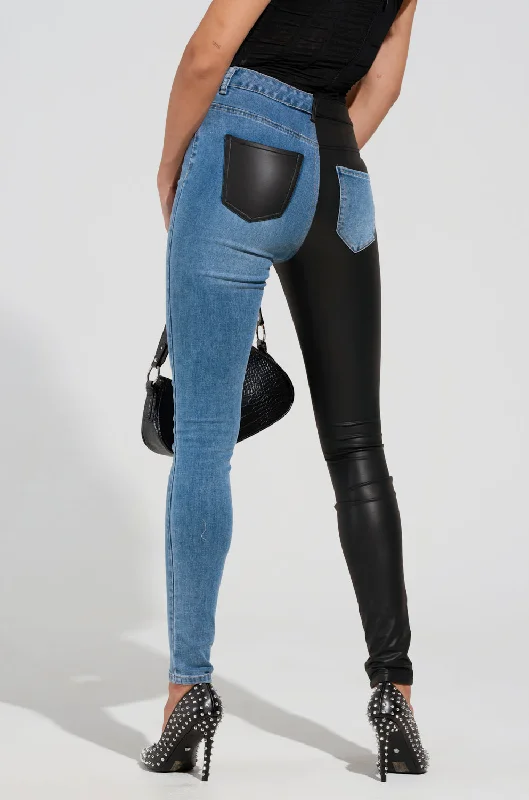 FLEX FIT EXTREME STRETCH HALF AND HALF PU HIGH WAIST SKINNY JEAN Comfortable Flare Leg Jeans