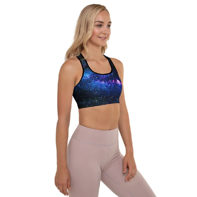 Galaxy Purple Women's Sports Bra, Space Print Padded Fitness Gym Bra- Made in USA/ EU Active Support Bra