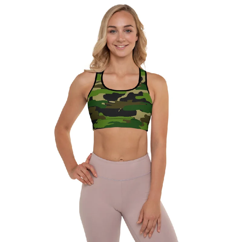 Green Camo Women's Sports Bra, Brown Military Army Padded Gym Bra- Made in USA/EU Strapless Support Bra