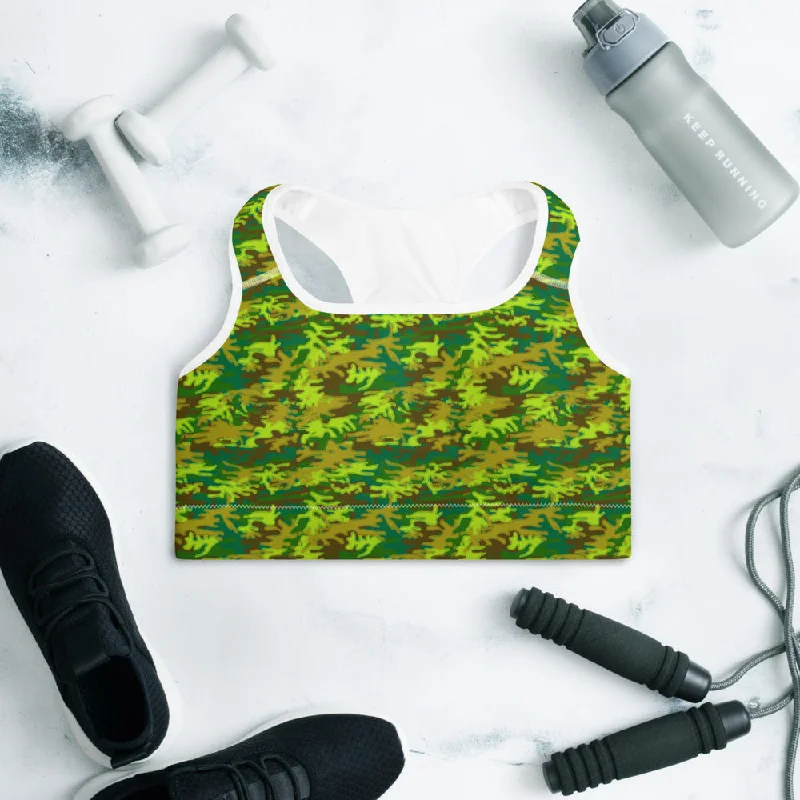 Green Camo Sports Bra, Bright Military Women's Padded Fitness Bra- Made in USA/EU Floral Lace Bra