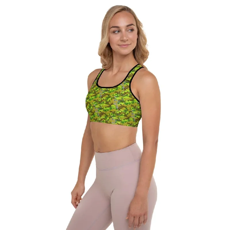 Green Camo Sports Bra, Military Army Women's Padded Workout Bra- Made in USA/EU Push-Up Bra Set