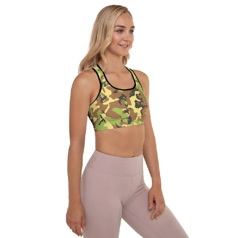 Green Yellow Camo Sports Bra, Army Military Women's Padded Fitness Bra- Made in USA/EU Comfortable Fit Bralette