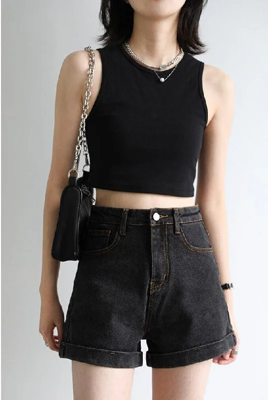 Grunge Black Jean Shorts Comfortable Low-Rise Jeans