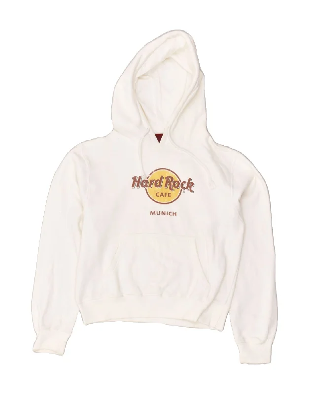 HARD ROCK CAFE Womens Munich Graphic Hoodie Jumper UK 10 Small White Hoodie with Hem Contrast Bold Stylish