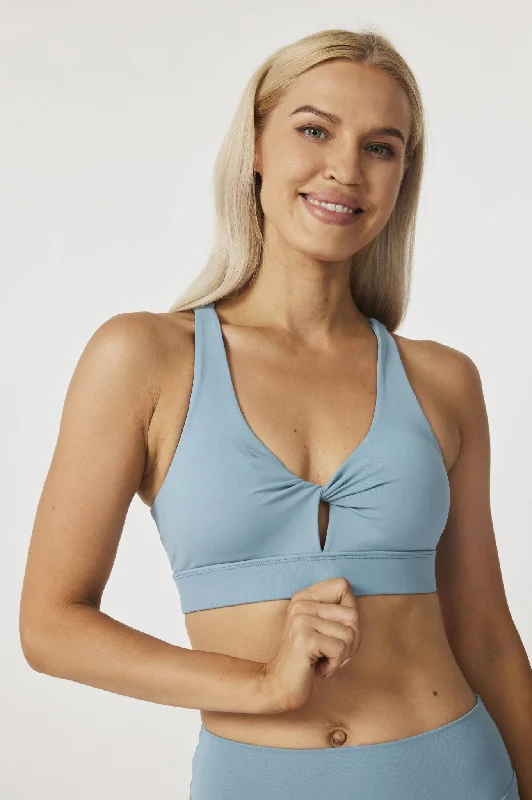 HeyCloud Front Twist Mesh Back Sports Bra - Light Blue Adjustable Bra Straps