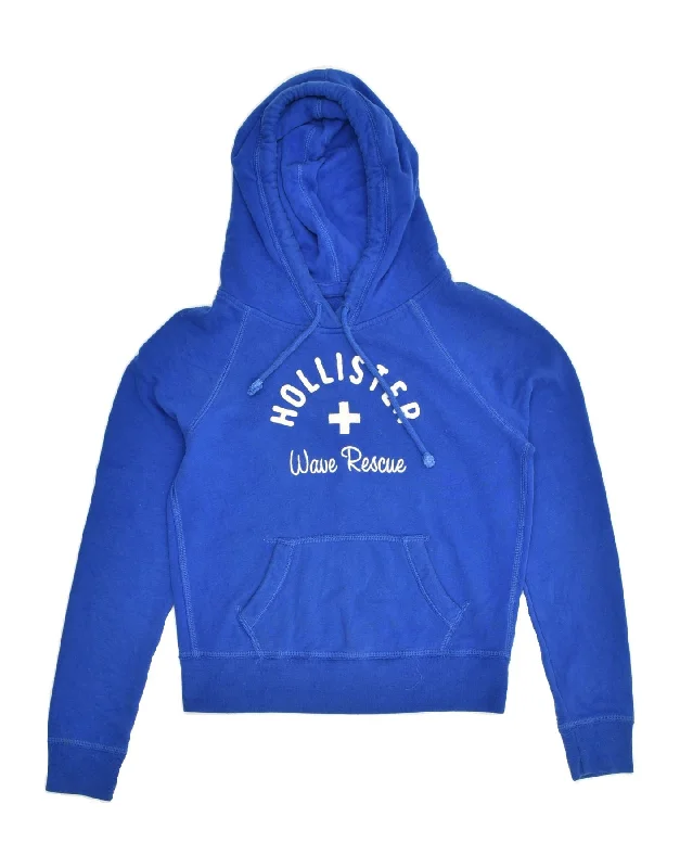 HOLLISTER Womens California Graphic Hoodie Jumper UK 14 Medium Blue Cotton Zip Hoodie Drawstring Kangaroo Pocket