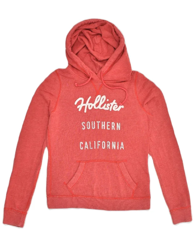 HOLLISTER Womens Graphic Hoodie Jumper UK 10 Small Red Cotton Hoodie with Bell Sleeves Flared Feminine