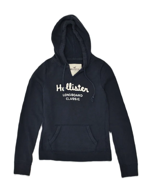 HOLLISTER Womens Graphic Hoodie Jumper UK 14 Medium Navy Blue Cotton Hoodie with Hem Applique Textured Unique