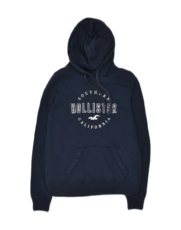 HOLLISTER Womens Graphic Hoodie Jumper UK 6 XS Navy Blue Cotton Hoodie with Hem Contrast Bold Stylish