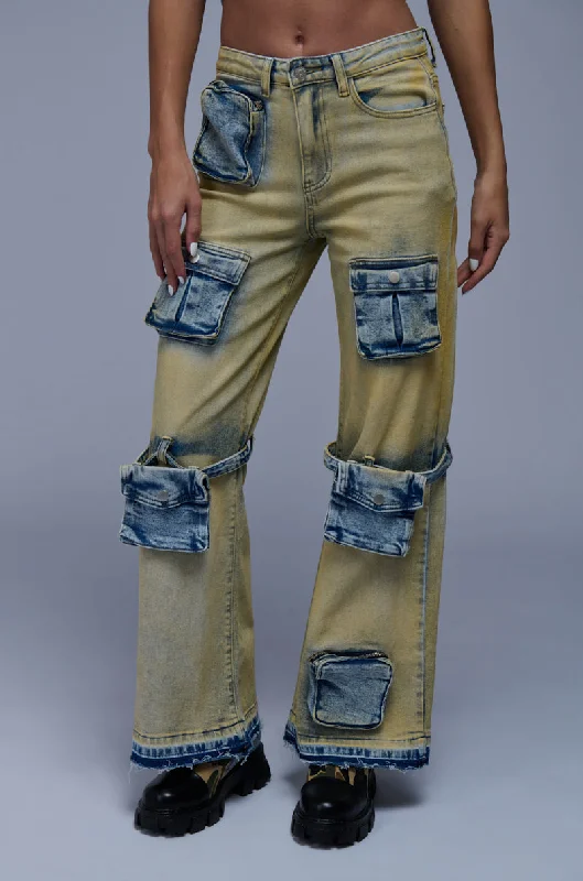 IGGY CARGO POCKET WIDE LEG JEAN Trendy Patchwork Denim Jeans
