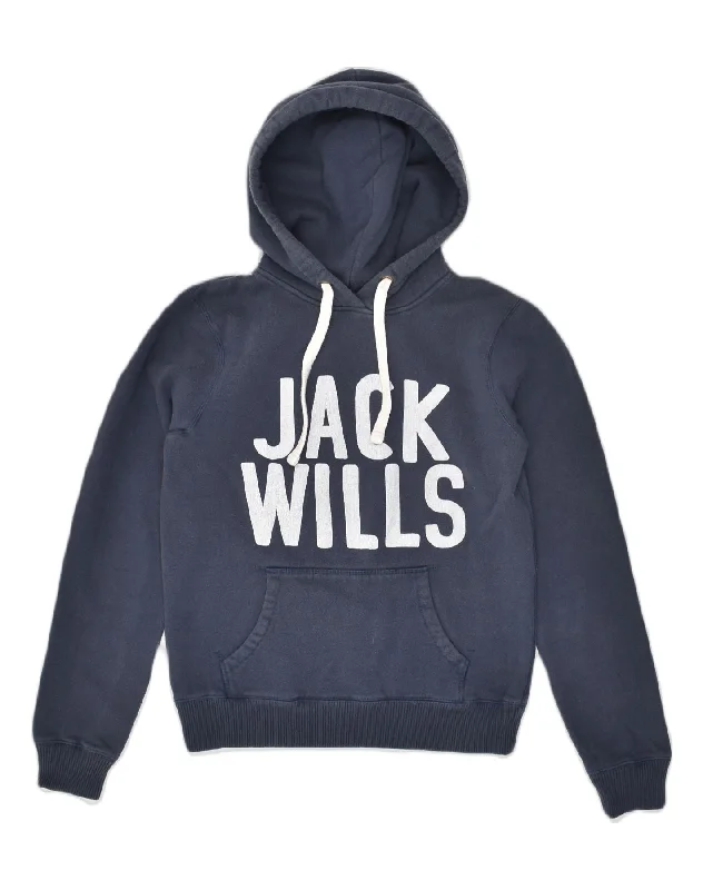 JACK WILLS Womens Graphic Hoodie Jumper UK 10 Small  Navy Blue Cotton Hoodie with Print Artistic Unique