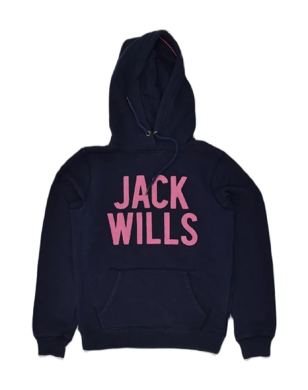 JACK WILLS Womens Graphic Hoodie Jumper UK 10 Small  Navy Blue Cotton Hoodie with Turtle Neck Cozy Winter