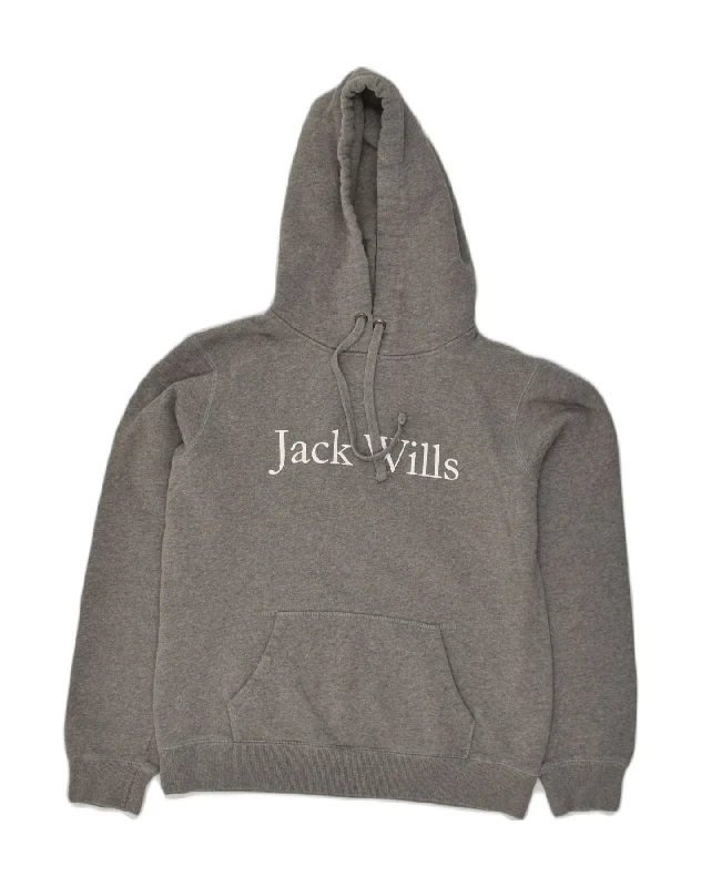 JACK WILLS Womens Graphic Hoodie Jumper UK 12 Medium  Grey Cotton Hoodie with V-Neck Classic Versatile