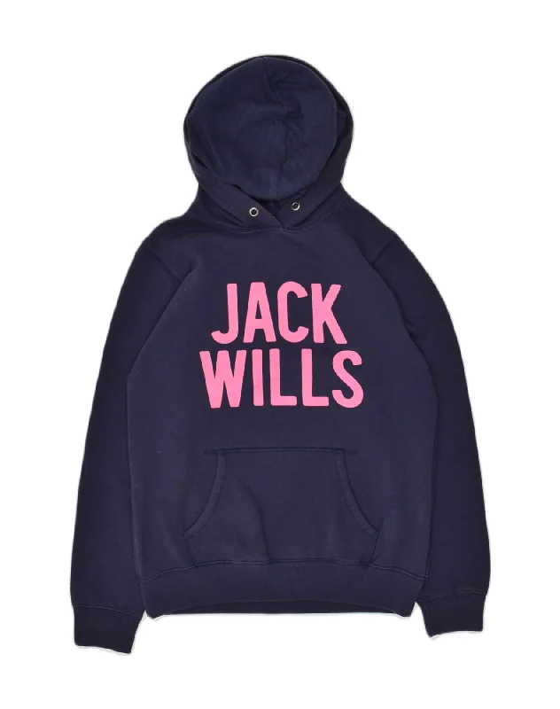 JACK WILLS Womens Graphic Hoodie Jumper UK 14 Medium Navy Blue Cotton Hoodie with Hem Lace Feminine Delicate