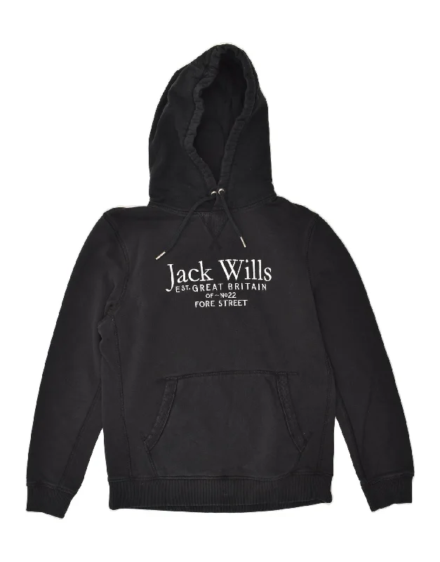 JACK WILLS Womens Graphic Hoodie Jumper UK 16 Large Black Cotton Hoodie with Elastic Cuffs Stretchable Comfortable