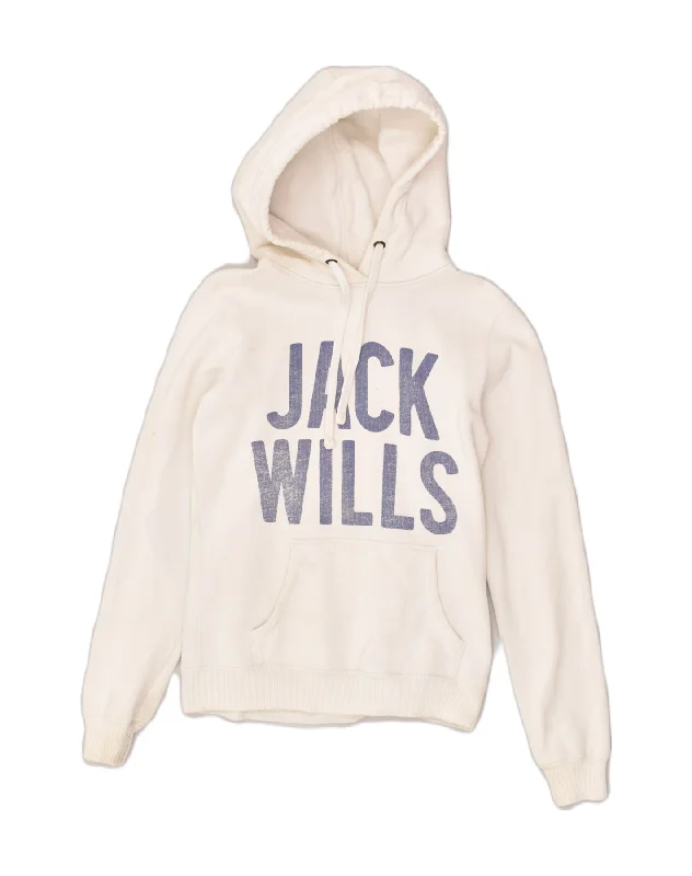 JACK WILLS Womens Graphic Hoodie Jumper UK 8 Small Off White Cotton Hoodie with Cuffed Sleeves Snug Secure