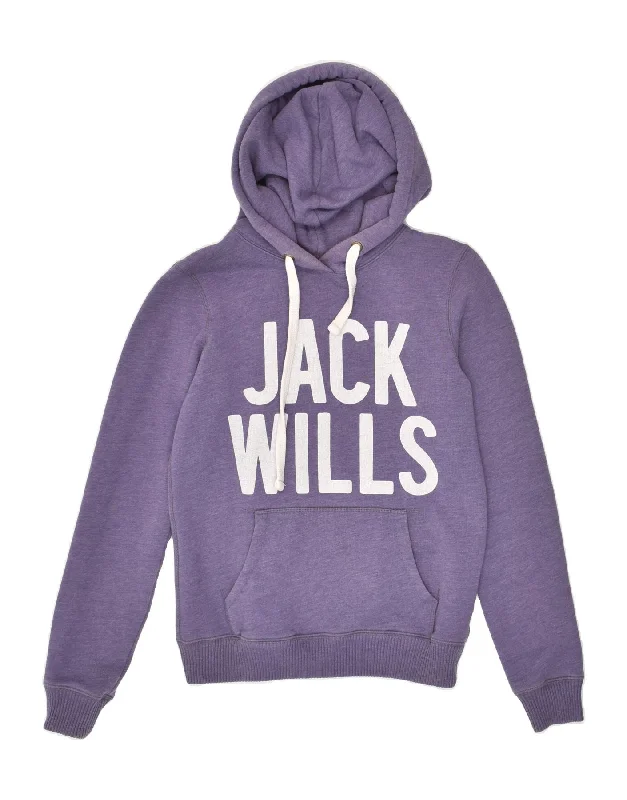 JACK WILLS Womens Graphic Hoodie Jumper UK 8 Small Purple Cotton Hoodie with Turtle Neck Cozy Winter